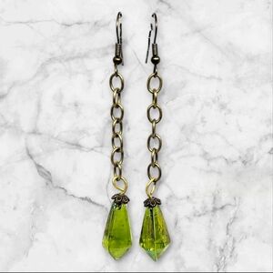 OOAK earrings, vintage chartreuse faceted glass beads on bronze chain